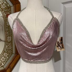 NWT Hot & Delicious Pink & Silver Chainmail Mesh Cowl Neck Backless Halter Top M